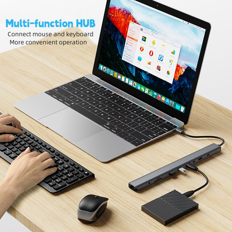 10 in1 แท่นวาง USB C พร้อมฐานวางแล็ปท็อป HDMI 4K@30Hz 3*USB 3.0 PD 100W 100M การ์ดรีดเดอร์อีเธอร์เน็ต SD TF สําหรับโน้ตบุ๊ก Mac