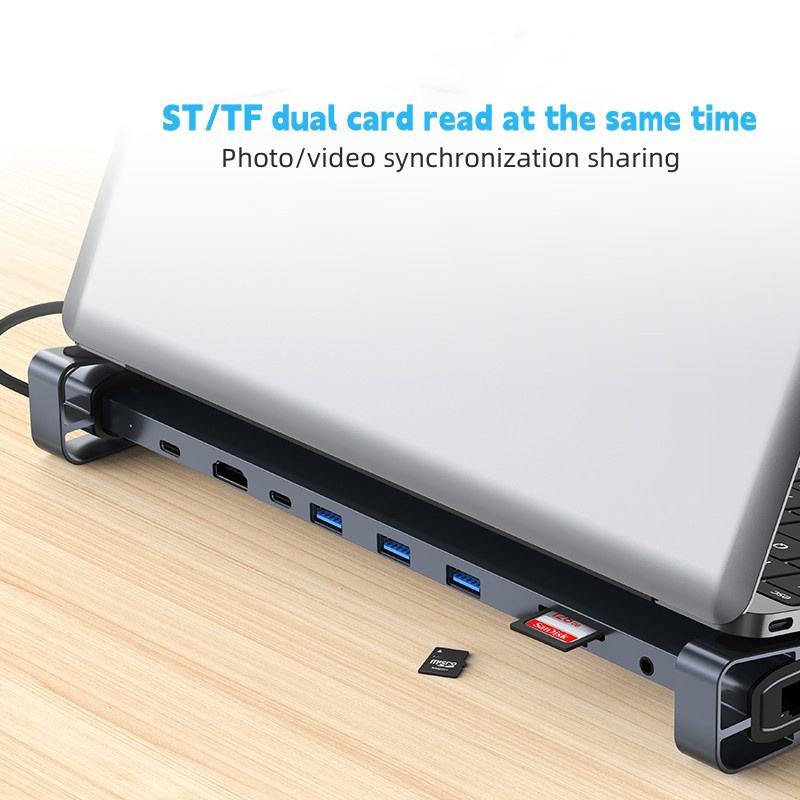 10 in1 แท่นวาง USB C พร้อมฐานวางแล็ปท็อป HDMI 4K@30Hz 3*USB 3.0 PD 100W 100M การ์ดรีดเดอร์อีเธอร์เน็ต SD TF สําหรับโน้ตบุ๊ก Mac