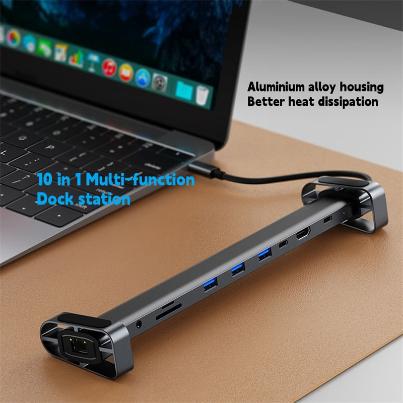 10 in1 แท่นวาง USB C พร้อมฐานวางแล็ปท็อป HDMI 4K@30Hz 3*USB 3.0 PD 100W 100M การ์ดรีดเดอร์อีเธอร์เน็ต SD TF สําหรับโน้ตบุ๊ก Mac
