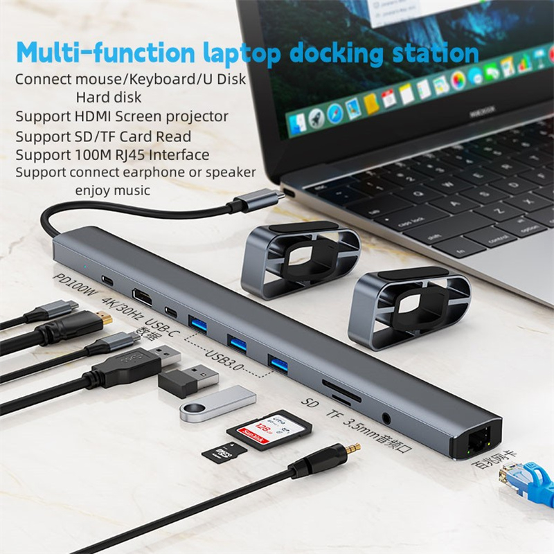 10 in1 แท่นวาง USB C พร้อมฐานวางแล็ปท็อป HDMI 4K@30Hz 3*USB 3.0 PD 100W 100M การ์ดรีดเดอร์อีเธอร์เน็ต SD TF สําหรับโน้ตบุ๊ก Mac