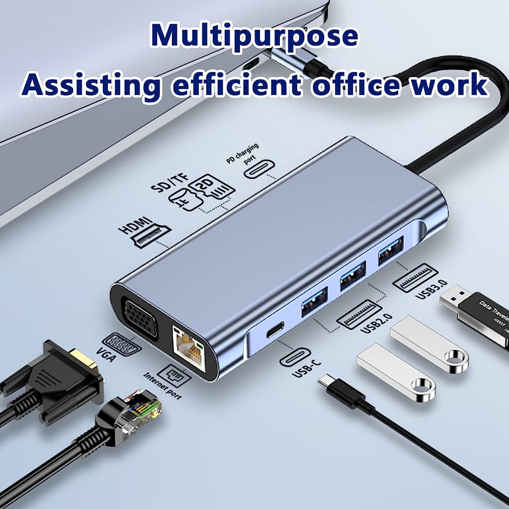 10 in1 แท่นวาง USB C พร้อมฐานวางแล็ปท็อป HDMI 4K@30Hz 3*USB 3.0 PD 100W 100M การ์ดรีดเดอร์อีเธอร์เน็ต SD TF สําหรับโน้ตบุ๊ก Mac