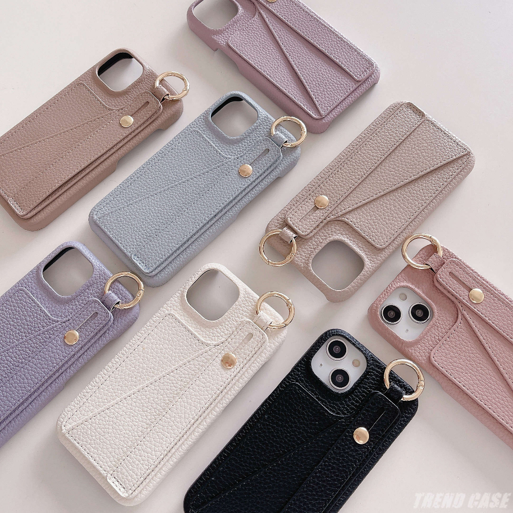 เคสโทรศัพท์มือถือ หนัง PU ลายลิ้นจี่ พร้อมสายคล้องข้อมือ และขาตั้ง สําหรับ iPhone 14Pro Max 14 13 12 Pro 11