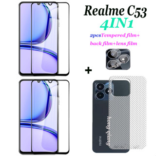 4 in 1 ฟิล์มกระจกนิรภัยกันรอยหน้าจอ แบบเต็มจอ และฟิล์มเลนส์ สีดํา สําหรับ Realme C53 Realme C55 C30 C35 Realme Narzo N53 2 ชิ้น