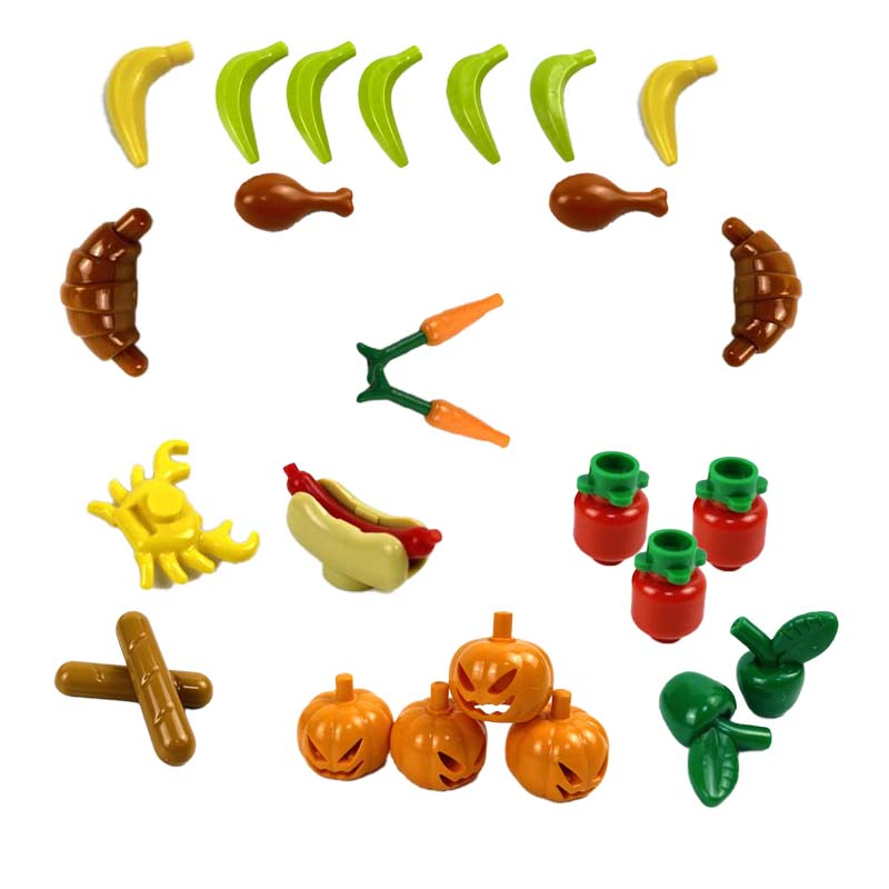 บล็อคตัวต่อผัก ผลไม้ แอปเปิ้ล ขนมปัง แครอท กล้วย ปลา ครัวซองต์ เข้ากันได้กับอิฐ ของเล่นเด็ก กล่องฮอตดอก หม้อ ของขวัญเด็ก