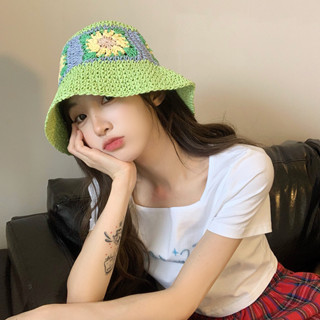 【MY-hat】หมวกฟาง แฮนด์เมด ลายดอกไม้ สไตล์เกาหลี แฟชั่นฤดูร้อน สําหรับผู้หญิง