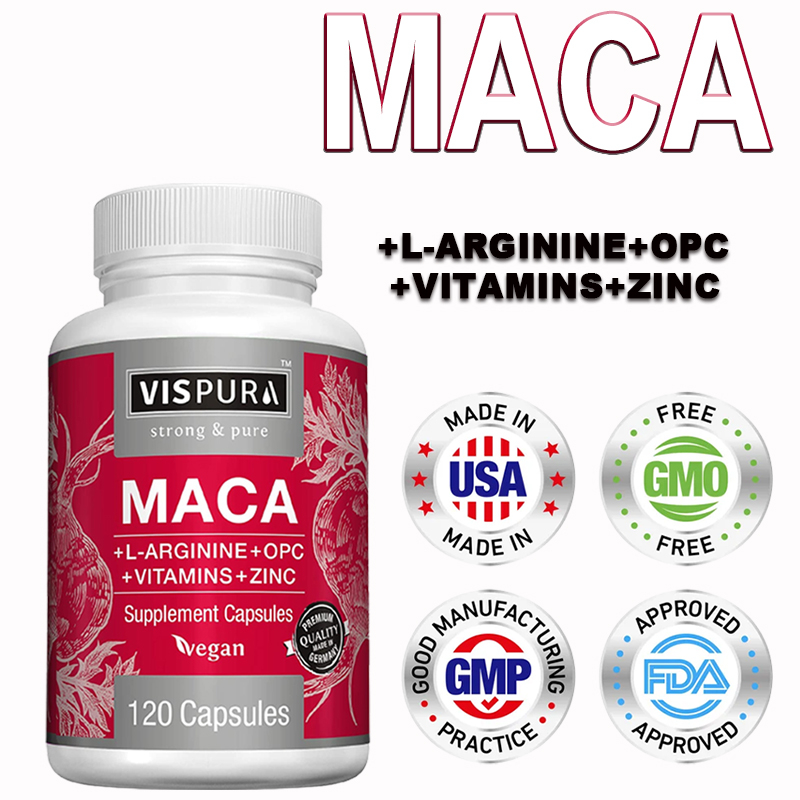 Vispura Maca แคปซูลราก พร้อม L-Arginine, OPC, วิตามิน และสังกะสี - สูตรเพิ่มพลังงาน
