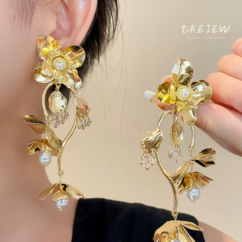 DREJEW ต่างหูเข็มเงิน ประดับมุก ดอกไม้ สไตล์ยุโรปและอเมริกา