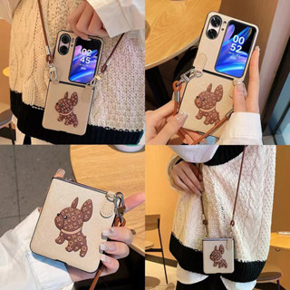 เคสโทรศัพท์มือถือหนัง ฝาพับ กันกระแทก ลายการ์ตูนสุนัขบูลด็อก พร้อมสายคล้อง สีทอง สําหรับ OPPO Find N2