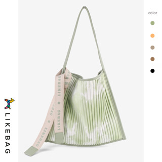 Likebag กระเป๋าหนัง ทรงบักเก็ต สีพื้น แบบพับได้ สําหรับผู้หญิง