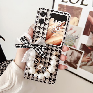 เคสโทรศัพท์มือถือแบบใส ฝาพับ พร้อมสายคล้อง ประดับมุก สําหรับ OPPO Find N2 findn2flip