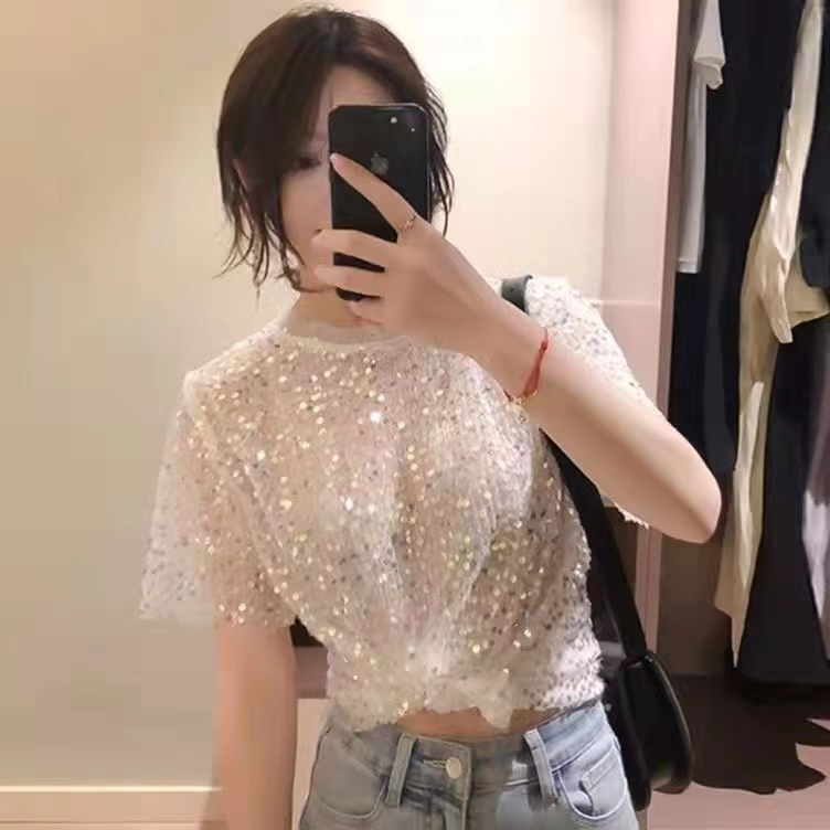 เสื้อท็อปแขนสั้น ประดับเลื่อม แต่งกลิตเตอร์เซ็กซี่ สไตล์เกาหลี แฟชั่นฤดูร้อน สําหรับผู้หญิง