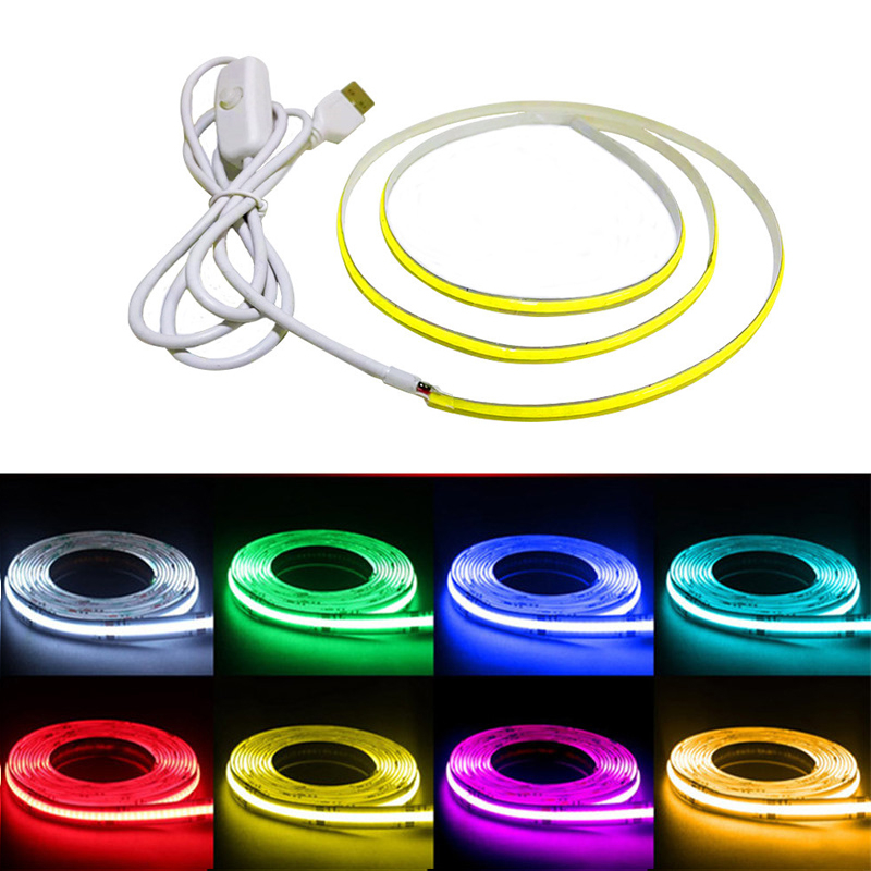 สายไฟ LED DC5V USB COB พร้อมสวิตช์ ยืดหยุ่น สีขาว แดง เขียว ฟ้า ชมพู ความยาว 1/2/3/5 เมตร
