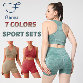 Flarixa ชุดสปอร์ตบรา กางเกงขาสั้น ผ้ายืด ไร้รอยต่อ กันกระแทก แห้งเร็ว สําหรับผู้หญิง ใส่เล่นโยคะ วิ่ง เล่นกีฬา เข้ายิม 2 ชิ้น
