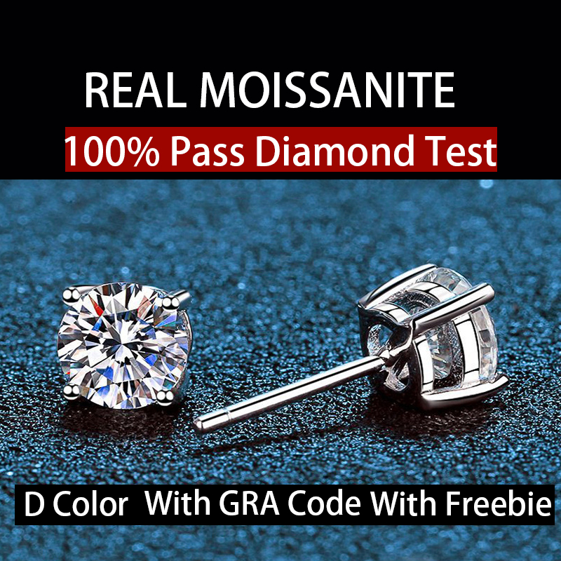 Real Moissanite ต่างหูเงินสเตอร์ลิง 925 0.5ct 1ct 2ct 3ct ทรงกลม สีขาว ได้รับการรับรองจาก GRA ผ่านการทดสอบ สําหรับหมั้น งานแต่งงาน