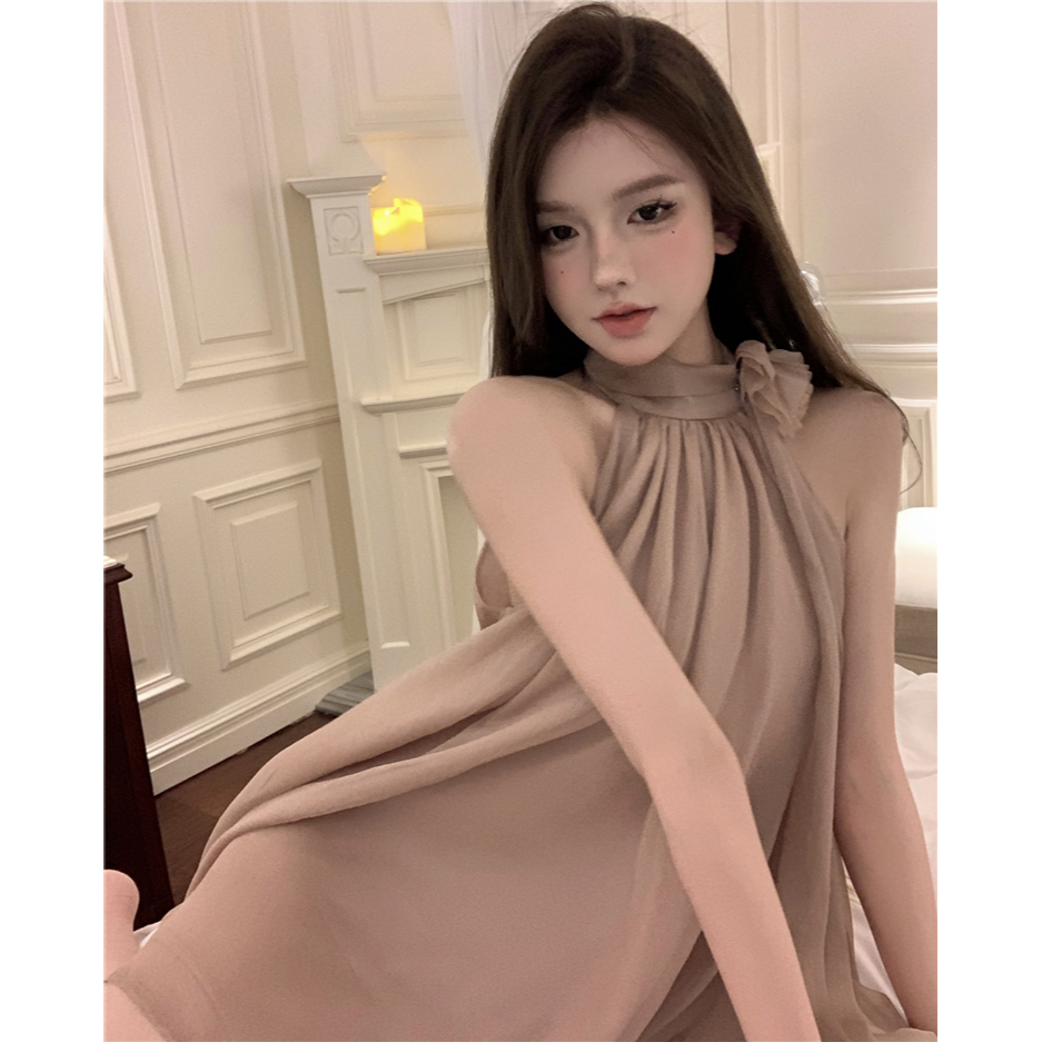 【BANKO】สาวหวานดอกไม้ริบบิ้นไม่สม่ําเสมอแขวนคอปิดไหล่ A-line Dress - รูปที่ 2