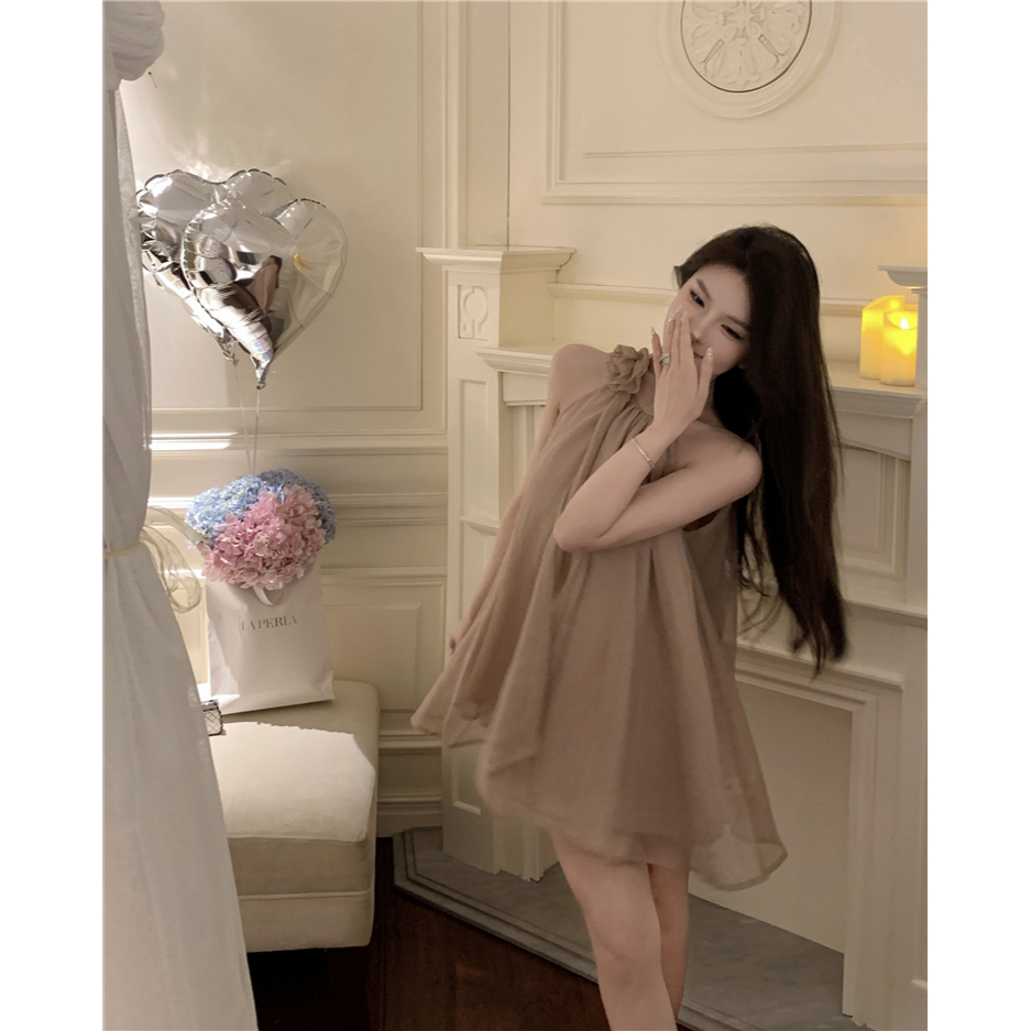 【BANKO】สาวหวานดอกไม้ริบบิ้นไม่สม่ําเสมอแขวนคอปิดไหล่ A-line Dress - รูปที่ 6