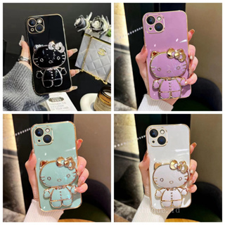 เคส Oppo A5S A12 A7 A11K A3S A52 A92 F9 F9 Pro A31 2020 A8 F11 F11 Pro ขอบตรง Anti Drop หมุนแต่งหน้ากระจกการ์ตูนแมวยืนกรณีโทรศัพท์