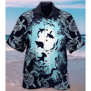 Sea Life เสื้อเชิ้ต แขนสั้น คอปก พิมพ์ลายเต่า 3D ระบายอากาศ ทรงหลวม สําหรับผู้ชาย ส่งฟรี