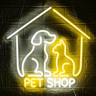 Pet Shop ป้ายไฟนีออน LED ป้ายสัตว์ ป้ายธุรกิจ ป้ายร้านขายสัตว์เลี้ยง ตกแต่งผนัง ร้านขายสัตว์เลี้ยง ลูกสุนัข ป้ายไฟนีออน สําหรับตกแต่งห้อง สุนัข และแมว ตกแต่งร้านค้า