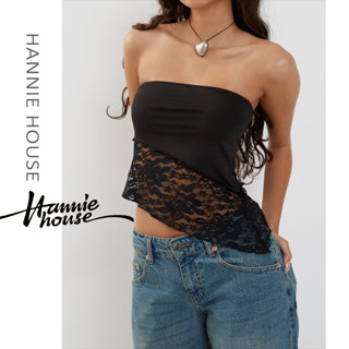 Hannie- ผู้หญิง ฤดูร้อน สีดํา ปิดไหล่ ไม่สม่ําเสมอ ลูกไม้ ดอกไม้ Bandeau