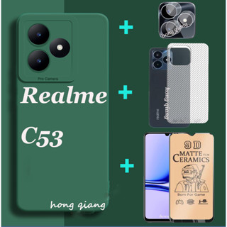 (4 In1) Realme C53 เคสโทรศัพท์ ซิลิโคนนิ่ม สีแคนดี้ + ฟิล์มเซรามิคหน้าจอ + ฟิล์มเลนส์ + ฟิล์มด้านหลัง