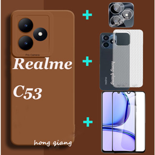 4in1 เคสโทรศัพท์ซิลิโคน สีแคนดี้ + ฟิล์มกระจกนิรภัย + ฟิล์มเลนส์ + ฟิล์มด้านหลัง สําหรับ Realme C53 Realme C55