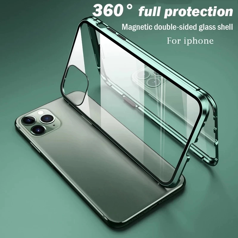 สําหรับiphone 11 11ProMax 12 12Pro 12ProMax 13 13ProMax 14 14ProMax 15Pro 15ProMax 16 16Pro 16ProMax 360ด้านหน้าและด้านหลังคู่ด้านข้างกระจกนิรภัยแม่เหล็กเคสโทรศัพท์ปลอก