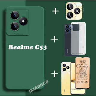 4in1 Realme C53 เคสโทรศัพท์ ซิลิโคน สีแคนดี้ Realme C53 C55 เคสโทรศัพท์ ขัดผิว + ฟิล์มเซรามิค นิ่ม + ฟิล์มเลนส์ + ฟิล์มด้านหลัง