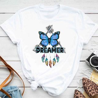 เสื้อยืดแขนสั้น พิมพ์ลายผีเสื้อ DREAM Dreamcatcher หลากสี แฟชั่นฤดูใบไม้ผลิ และฤดูร้อน สําหรับผู้หญิง