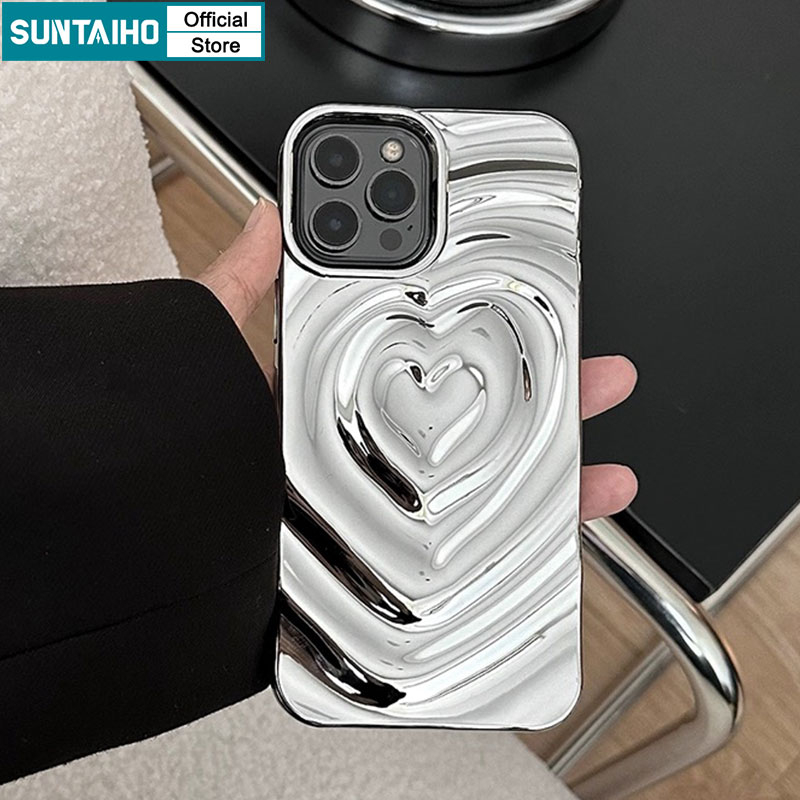 Suntaiho เคสไอโฟน เคสโทรศัพท์มือถือ สีเงิน พรีเมี่ยม ซิลิโคนนิ่ม นิ่ม กันกระแทก แฟชั่น ลายน่ารัก รูปหัวใจ สําหรับ Iphone 11 Pro Max 12 13 14 15 Pro Max IP