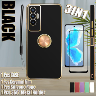 3 IN 1 เคสชุบไฟฟ้า ขอบตรง พร้อมกระจกนิรภัยกันรอยหน้าจอ และ 360 องศา สําหรับ Tecno Pova 5G LE8°ขาตั้งแหวนโลหะ และสายคล้องซิลิโคน