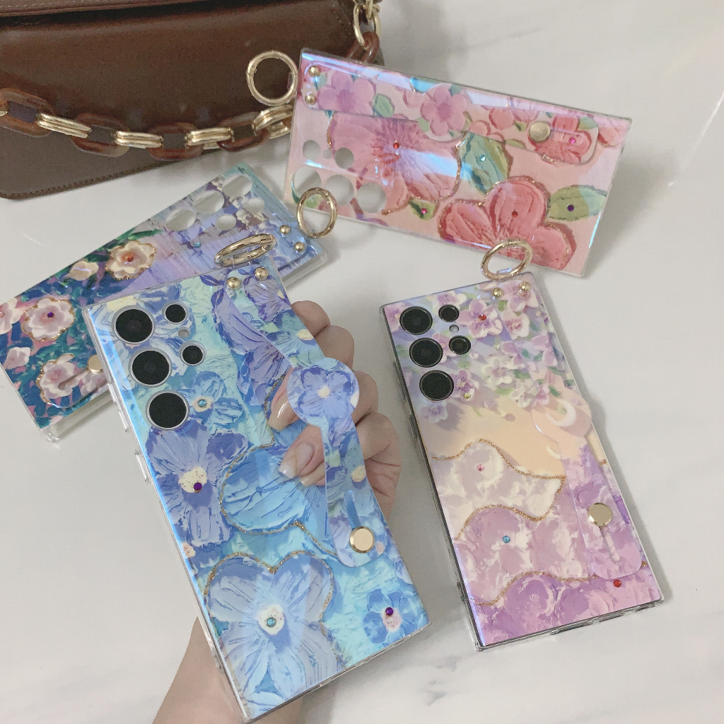 บลูเรย์ พลอยเทียม สด จิตรกรรม ดอกไม้ สายรัดข้อมือ เคส Samsung Galaxy S24Ultra S23 Ultra S22 Ultra S22 S23 S24 Plus + S21FE S21Ultra Case ใหม่ สไตล์ผู้หญิง นุ่ม TPU เคส
