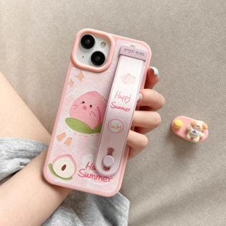 เคสโทรศัพท์มือถือหนัง ลายการ์ตูนพีช พร้อมสายรัดข้อมือ สําหรับ iPhone14 13 12 11 Pro MAX