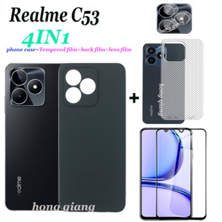 4 in 1 เคสโทรศัพท์ กระจกนิรภัย กันรอยหน้าจอ ฟิล์มเลนส์ ฟิล์มด้านหลัง สีดํา สําหรับ Realme C53 C55 C30 Narzo N53