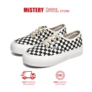 MISTERY รองเท้าผ้าใบลายตาราง พื้นฟองน้ำ สูง 3 ซม รุ่น CHESSBOARD สีขาว（MIS-528）