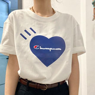 Champion เสื้อยืดลําลอง แขนสั้น ผ้าฝ้าย พิมพ์ลายหัวใจ ทรงหลวม แฟชั่นสําหรับผู้ชาย และผู้หญิง