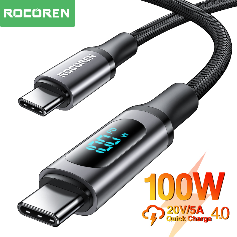 Rocoren PD 100W จอแสดงผล LED USB Type C สายเคเบิล 5A ชาร์จเร็ว ชาร์จเร็ว สําหรับ Xiaomi Samsung สายเคเบิลข้อมูล สายไฟ