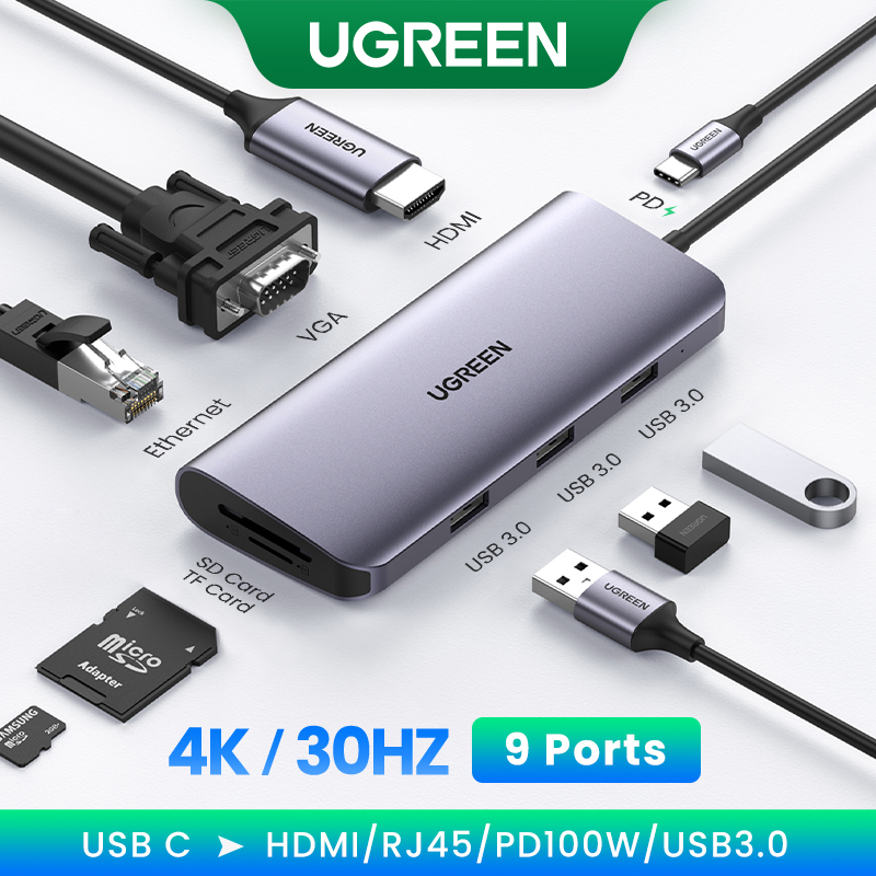 Ugreen ฮับ Type C 10 in 1 พร้อมการ์ดรีดเดอร์ 4K RJ45 HDMI VGA PD USB 3.0 3.5 มม. SD TF สําหรับ iPad 