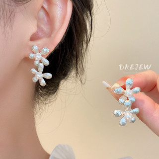 Drejew ต่างหูเข็มเงิน ชุบไฟฟ้า ประดับมุก ดอกไม้