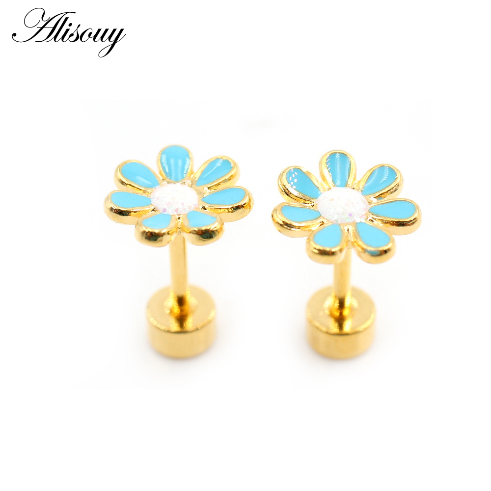 Alisouy 2 ชิ้น ใหม่ สเตนเลส ผู้หญิง ดอกไม้ เคลือบ โอปอล หิน ต่างหูกระดุม ต่างหูกระดูกอ่อน กระดูกอ่อน เกลียว เจาะ เครื่องประดับ