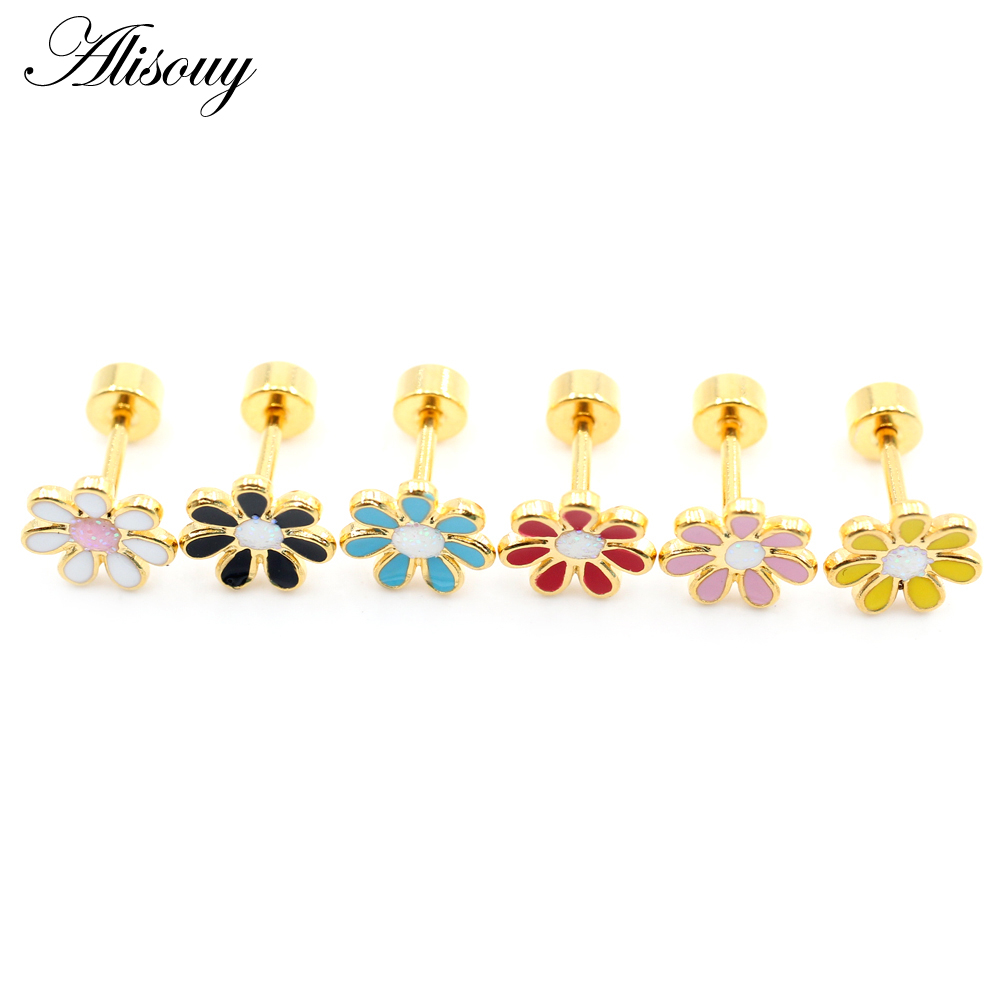 Alisouy 2 ชิ้น ใหม่ สเตนเลส ผู้หญิง ดอกไม้ เคลือบ โอปอล หิน ต่างหูกระดุม ต่างหูกระดูกอ่อน กระดูกอ่อน เกลียว เจาะ เครื่องประดับ