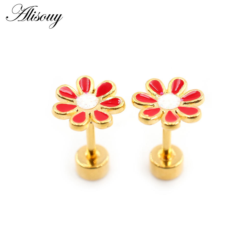 Alisouy 2 ชิ้น ใหม่ สเตนเลส ผู้หญิง ดอกไม้ เคลือบ โอปอล หิน ต่างหูกระดุม ต่างหูกระดูกอ่อน กระดูกอ่อน เกลียว เจาะ เครื่องประดับ