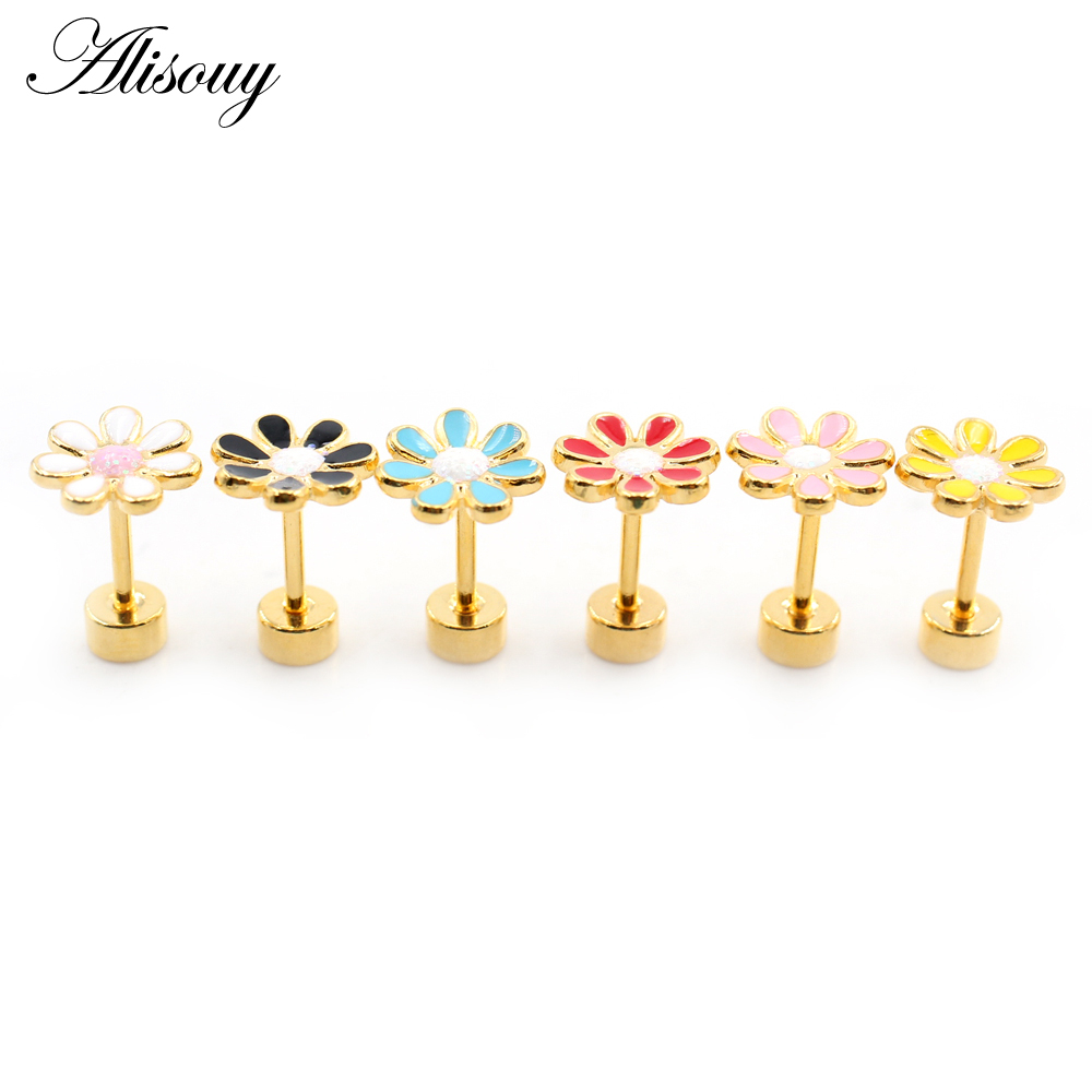 Alisouy 2 ชิ้น ใหม่ สเตนเลส ผู้หญิง ดอกไม้ เคลือบ โอปอล หิน ต่างหูกระดุม ต่างหูกระดูกอ่อน กระดูกอ่อน เกลียว เจาะ เครื่องประดับ