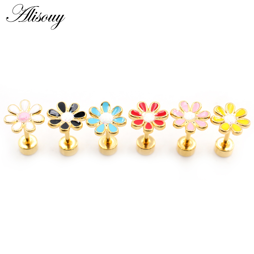 Alisouy 2 ชิ้น ใหม่ สเตนเลส ผู้หญิง ดอกไม้ เคลือบ โอปอล หิน ต่างหูกระดุม ต่างหูกระดูกอ่อน กระดูกอ่อน เกลียว เจาะ เครื่องประดับ