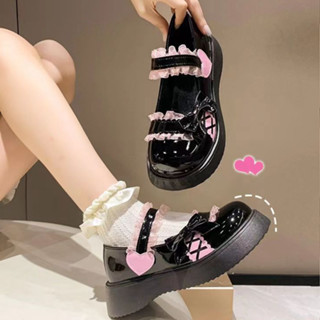 รองเท้า ส้นแบน ประดับโบว์ แต่งลูกไม้น่ารัก สีชมพู สไตล์โลลิต้า สําหรับผู้หญิง