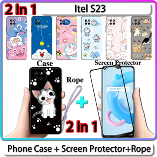 2 IN 1 เคส สําหรับ Itel S23 เคส พร้อมกระจกนิรภัย ป้องกันหน้าจอโค้ง เซรามิค ลายแมว และโดราเอมอน