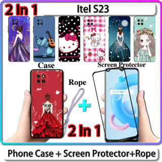 2 IN 1 เคส สําหรับ Itel S23 เคส พร้อมกระจกนิรภัยกันรอยหน้าจอโค้ง เซรามิค สําหรับเด็กผู้หญิง และคิตตี้