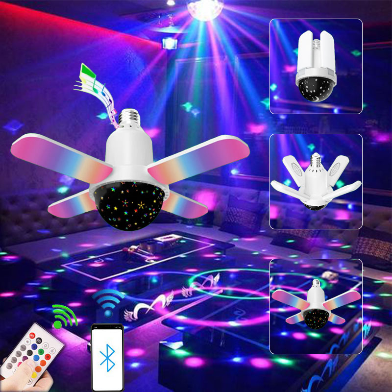 พร้อมสต็อกE27 Rgb ลําโพงบลูทูธโคมไฟพัดลมเพดานพร้อมไฟ Four Leaf LED โคมไฟสมาร์ทพับได้ 50W รีโมทคอนโทรลหลอดไฟที่มีสีสันพัดลม Light Decor Home