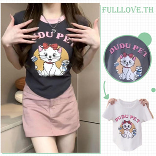 Fulllove แมว สาวร้อนหวาน เสื้อยืดแขนสั้นหญิง สีขาว สไตล์ย้อนยุคอเมริกัน y2k สั้น