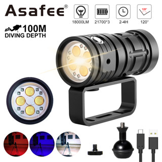 Asafee ไฟฉายดําน้ํา C0B แสงสีขาว แหล่งกําเนิดแสงสีแดง และสีน้ําเงิน สว่างมาก LED เติมแสง 18000LM แบตเตอรี่ในตัว ใต้น้ํา 100 เมตร ไฟฉายดําน้ําลึก